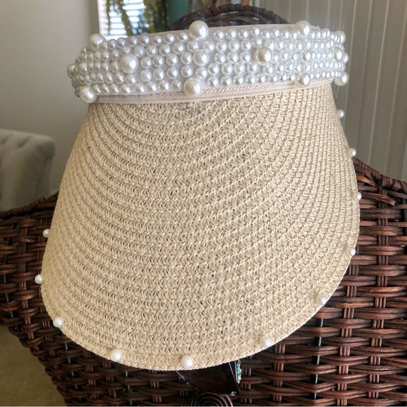 Accessories - NWT! Straw Visor Trimmed in White Pearl Beads